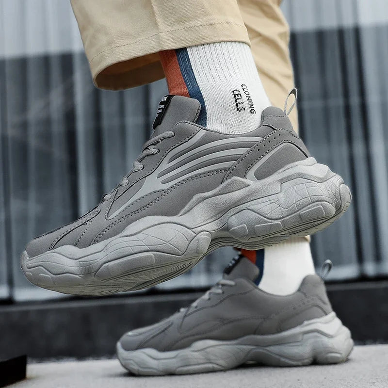 Men's Sports Shoes: Thick-soled, Height-increasing, Lace-up, Large-sized, All-season Solid Color Luminous Trendy Running Shoes