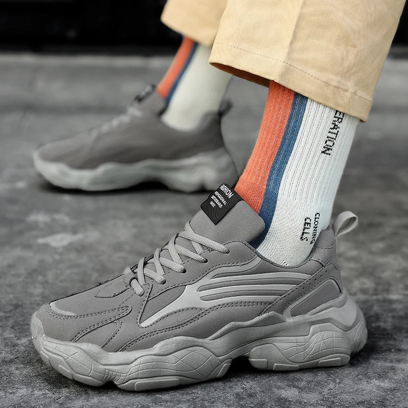 Men's Sports Shoes: Thick-soled, Height-increasing, Lace-up, Large-sized, All-season Solid Color Luminous Trendy Running Shoes