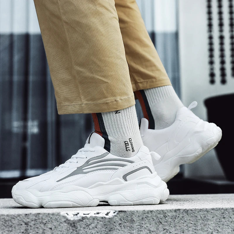 Men's Sports Shoes: Thick-soled, Height-increasing, Lace-up, Large-sized, All-season Solid Color Luminous Trendy Running Shoes