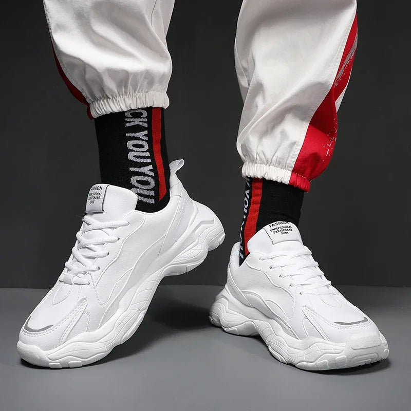 Men's Sports Shoes: Thick-soled, Height-increasing, Lace-up, Large-sized, All-season Solid Color Luminous Trendy Running Shoes