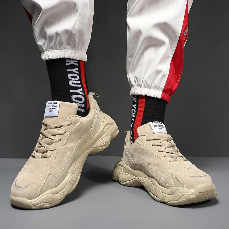 Men's Sports Shoes: Thick-soled, Height-increasing, Lace-up, Large-sized, All-season Solid Color Luminous Trendy Running Shoes